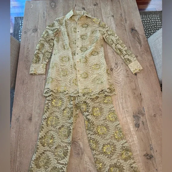 Gibbs-Louis 60s Vintage Gold Floral Lace Two-Piece Holiday Set - Picture 1 of 14